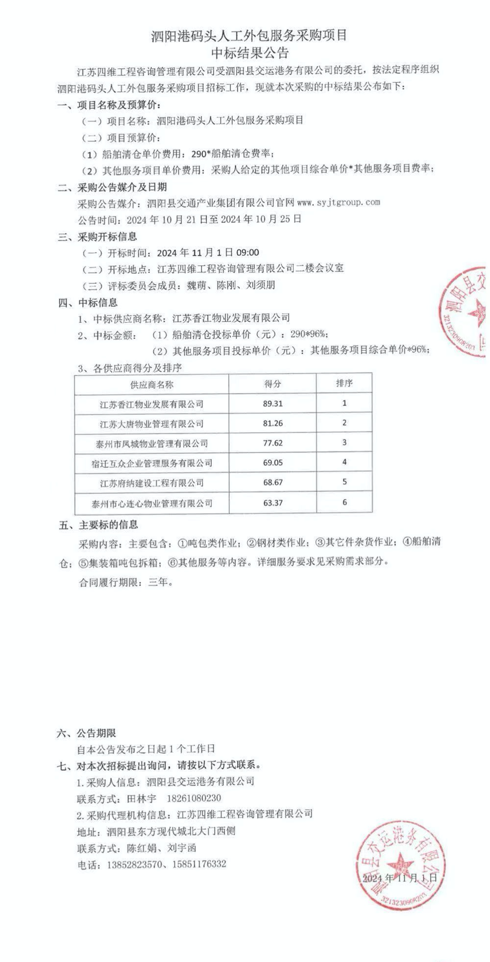 泗陽港碼頭人工外包服務采購項目中標結(jié)果公告